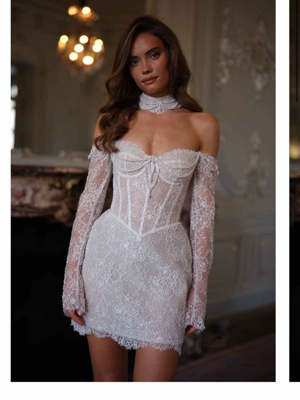 Lace Off-Shoulder Mini Wedding Dress In Ivory